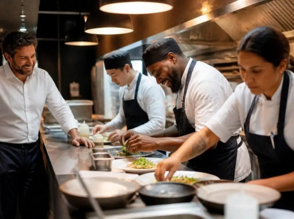 Divers keukenteam tijdens een drukke dienst terwijl de ondernemer meekijkt: payrolling in de horeca